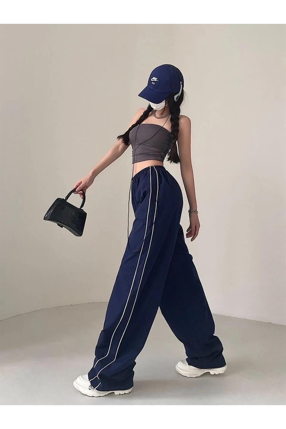 ESC BUTİK Harajuku Zip Detail Çift Çizgili Navy Blue Tracksuit Oversize Lacivert Eşofman Altı
