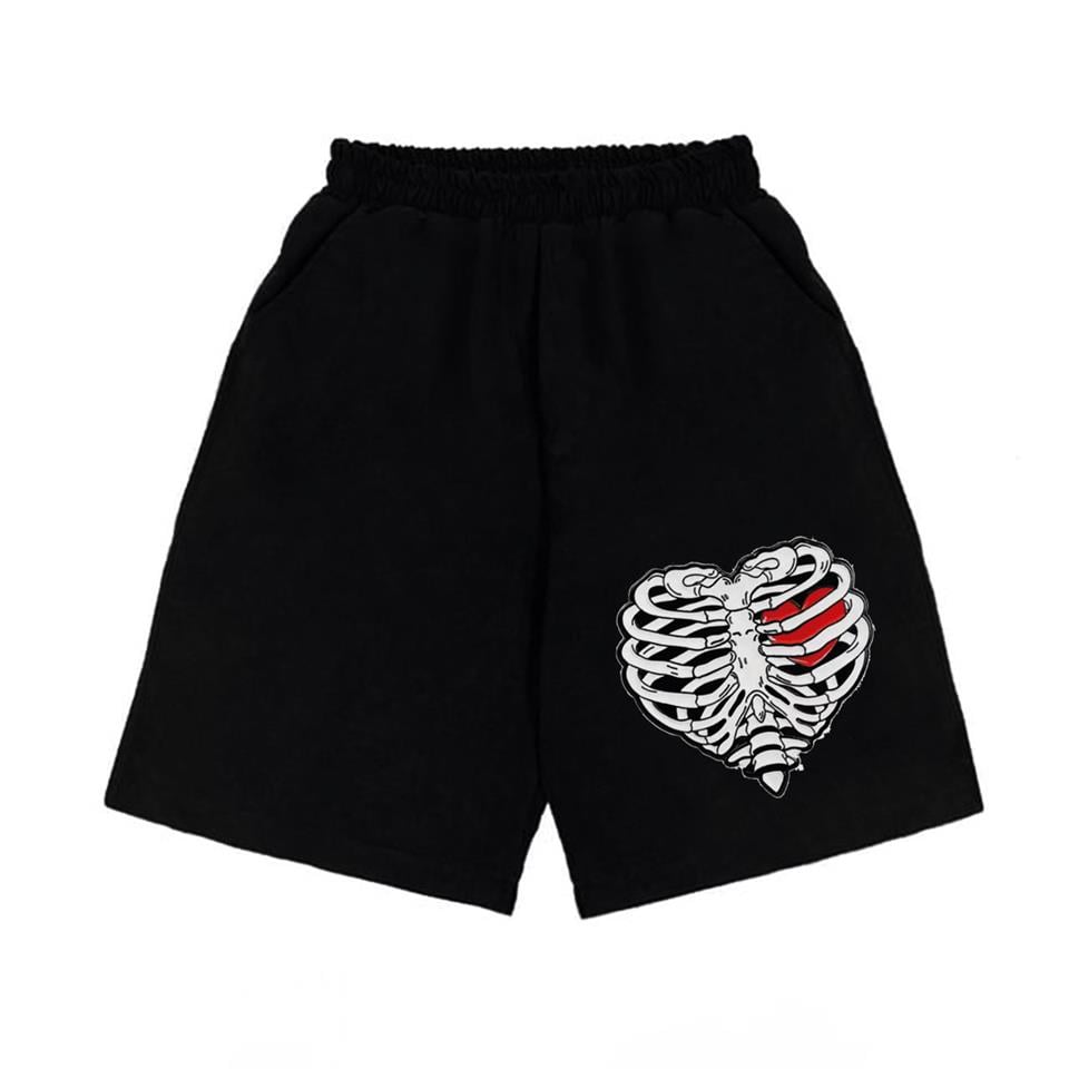 ESC BUTİK Heart Rib Baskılı Siyah Unisex Penye Şort