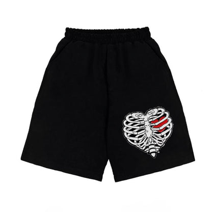 ESC BUTİK Heart Rib Baskılı Siyah Unisex Penye Şort