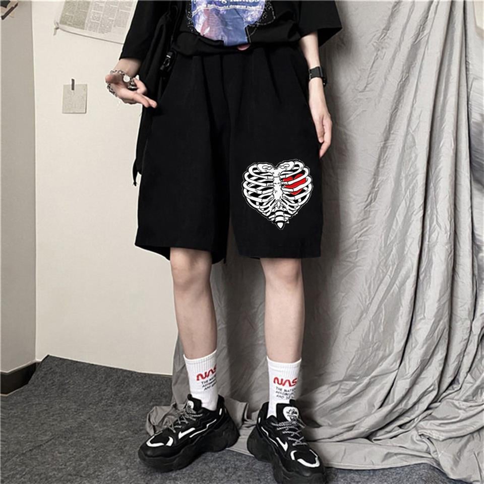 ESC BUTİK Heart Rib Baskılı Siyah Unisex Penye Şort