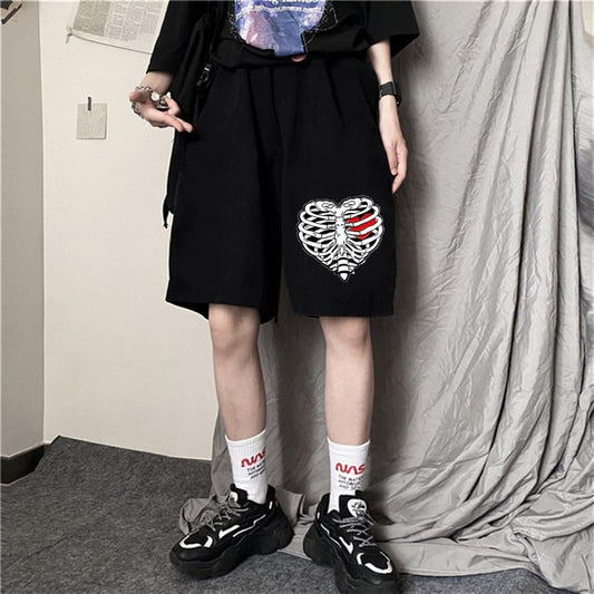ESC BUTİK Heart Rib Baskılı Siyah Unisex Penye Şort