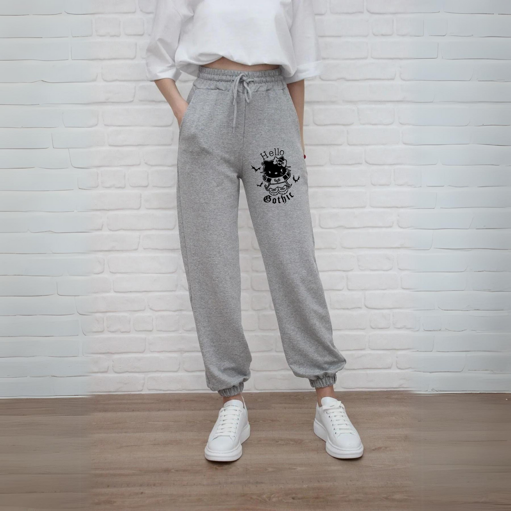 ESC BUTİK Hello Gothic Baskılı Unisex Gri Eşofman Altı