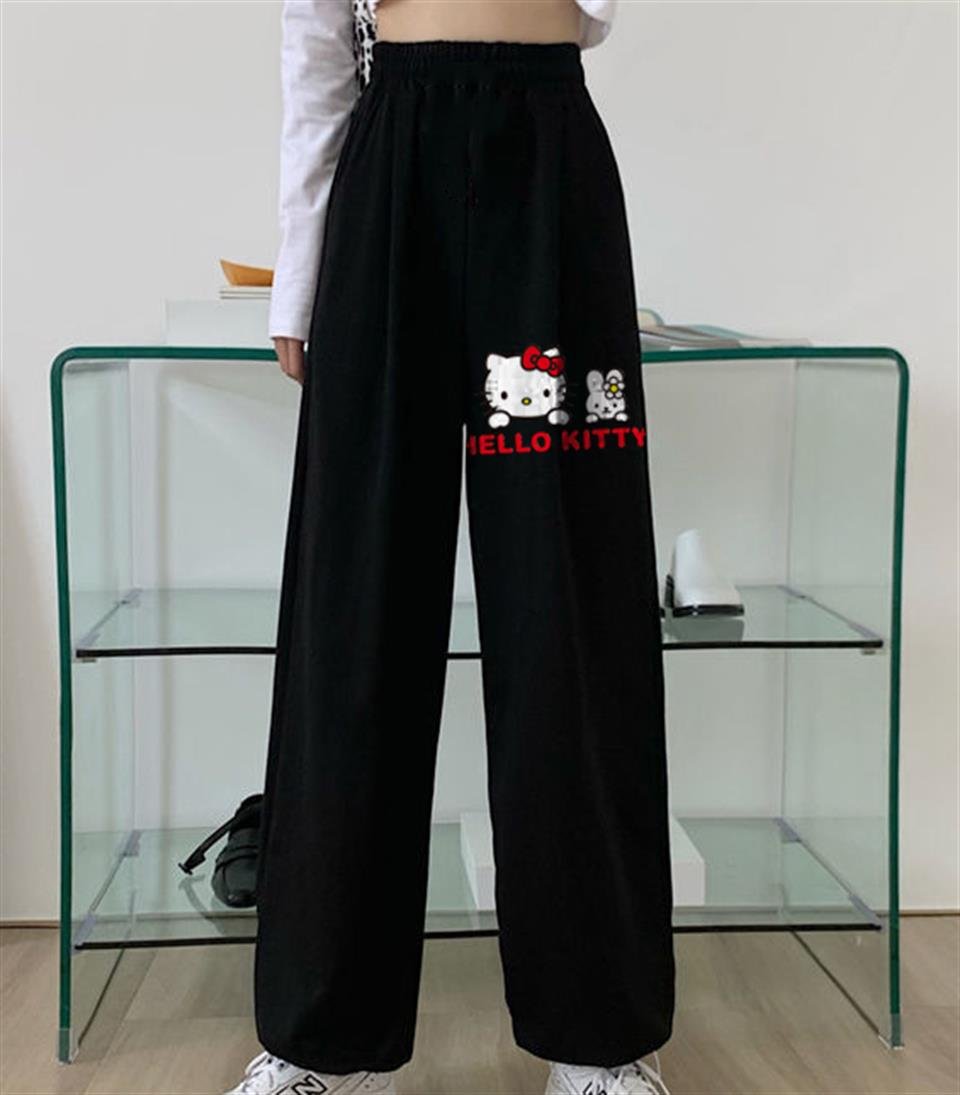 ESC BUTİK Hello Kitty Baskılı Oversize Unisex Siyah Eşofman Altı