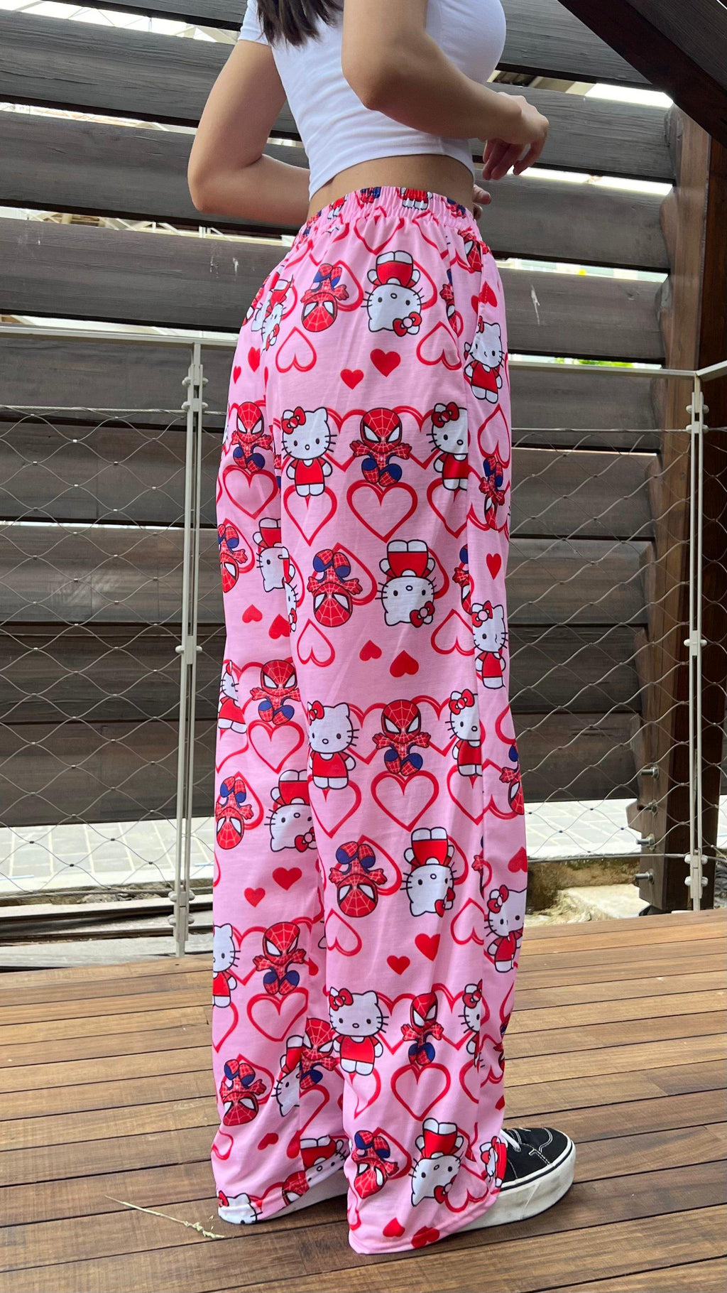 ESC BUTİK Hello Kitty & Spider-Man Detaylı Pembe Unisex Bol Eşofman Altı