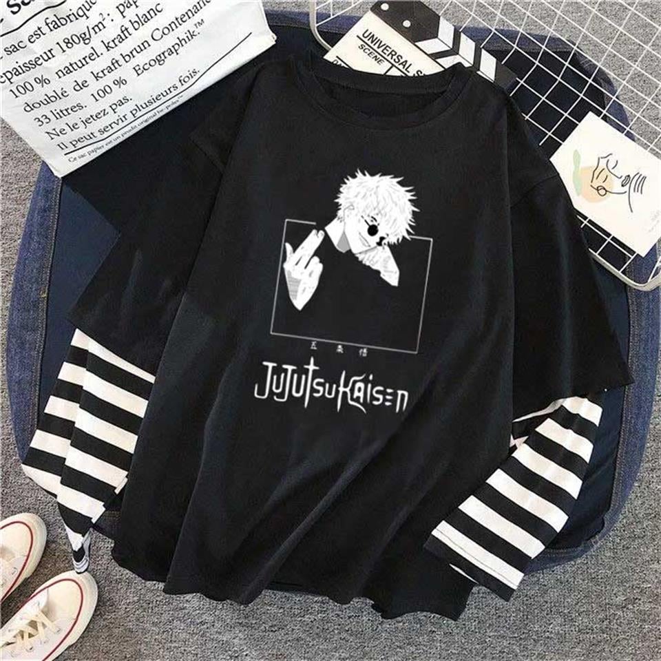 ESC BUTİK Jujutsu Kaisen Baskılı Fake Sleeves Unisex Siyah T-shirt