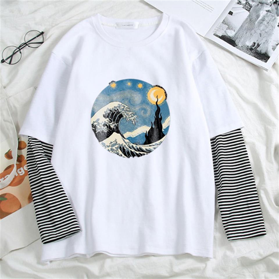 ESC BUTİK Kanagawa Oki Nami Ura Baskılı Fake Sleeves Unisex Beyaz T-shirt