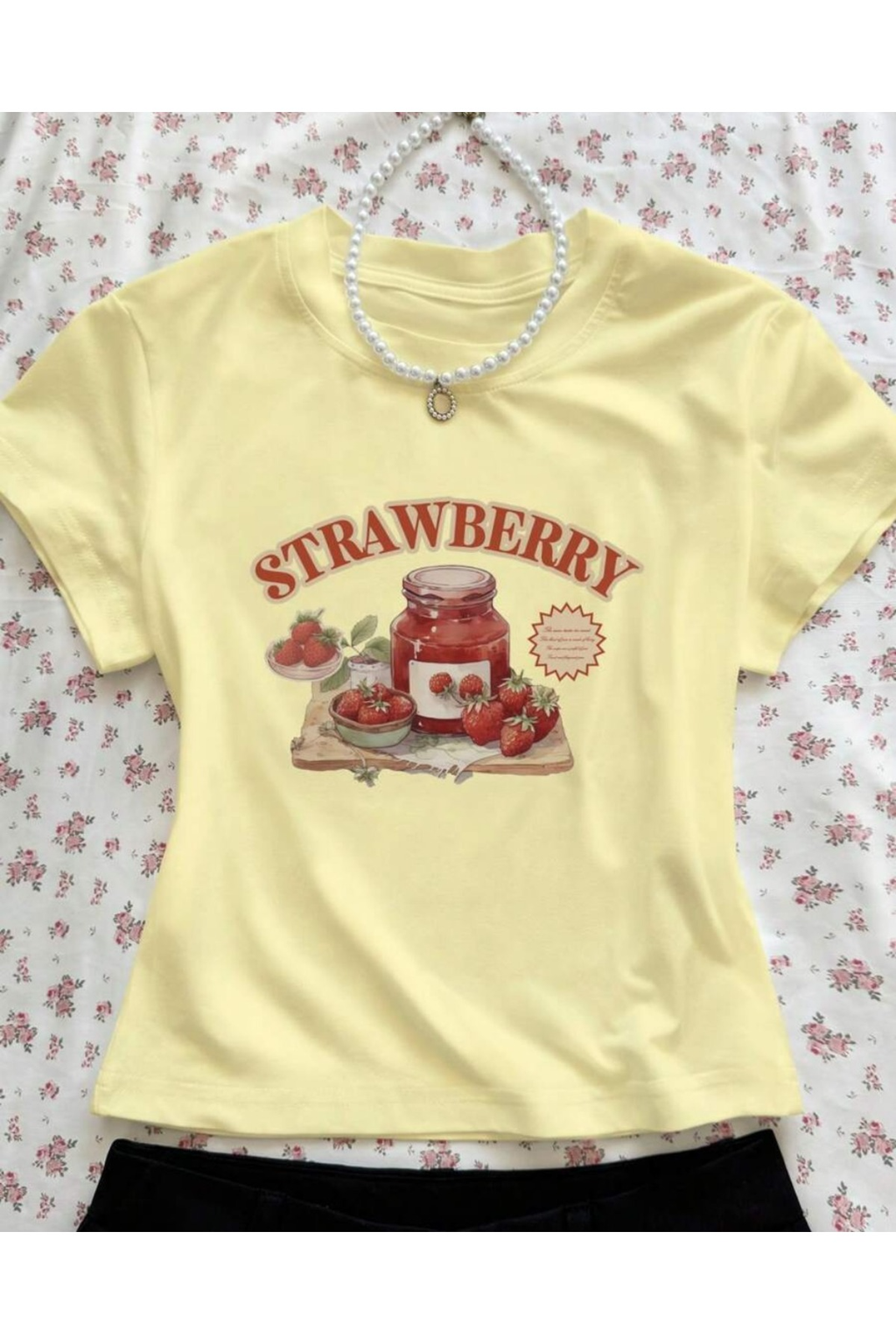 ESC BUTİK Kemer Boy Baby Tee Strawberry Baskılı Crop Bluz