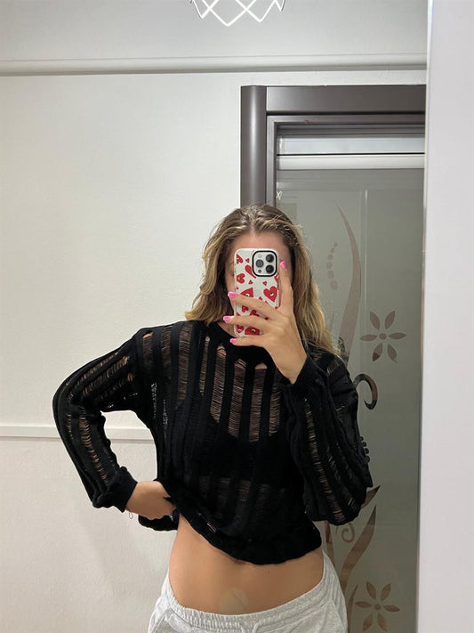 ESC BUTİK Kemer Boy's Oversize Siyah Triko Örgü Kazak