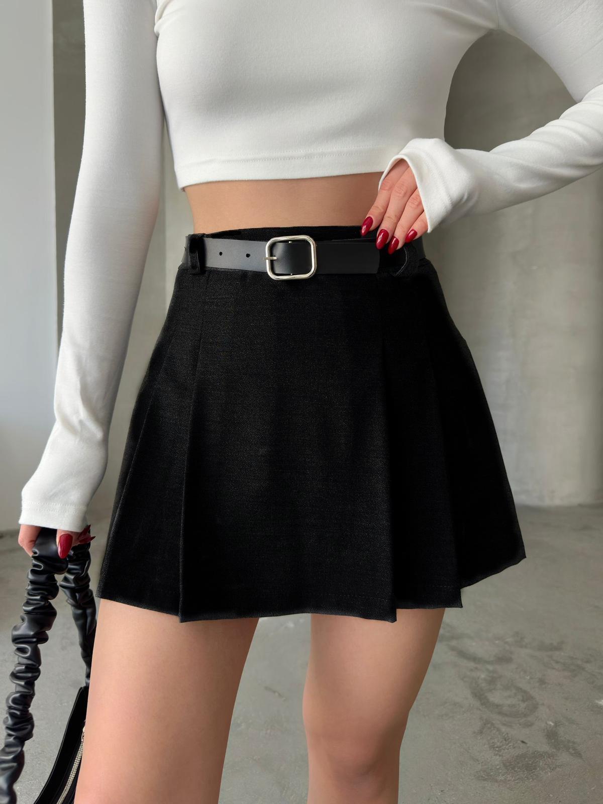 ESC BUTİK Kemer Detaylı Pileli Şortlu Mini Etek Siyah