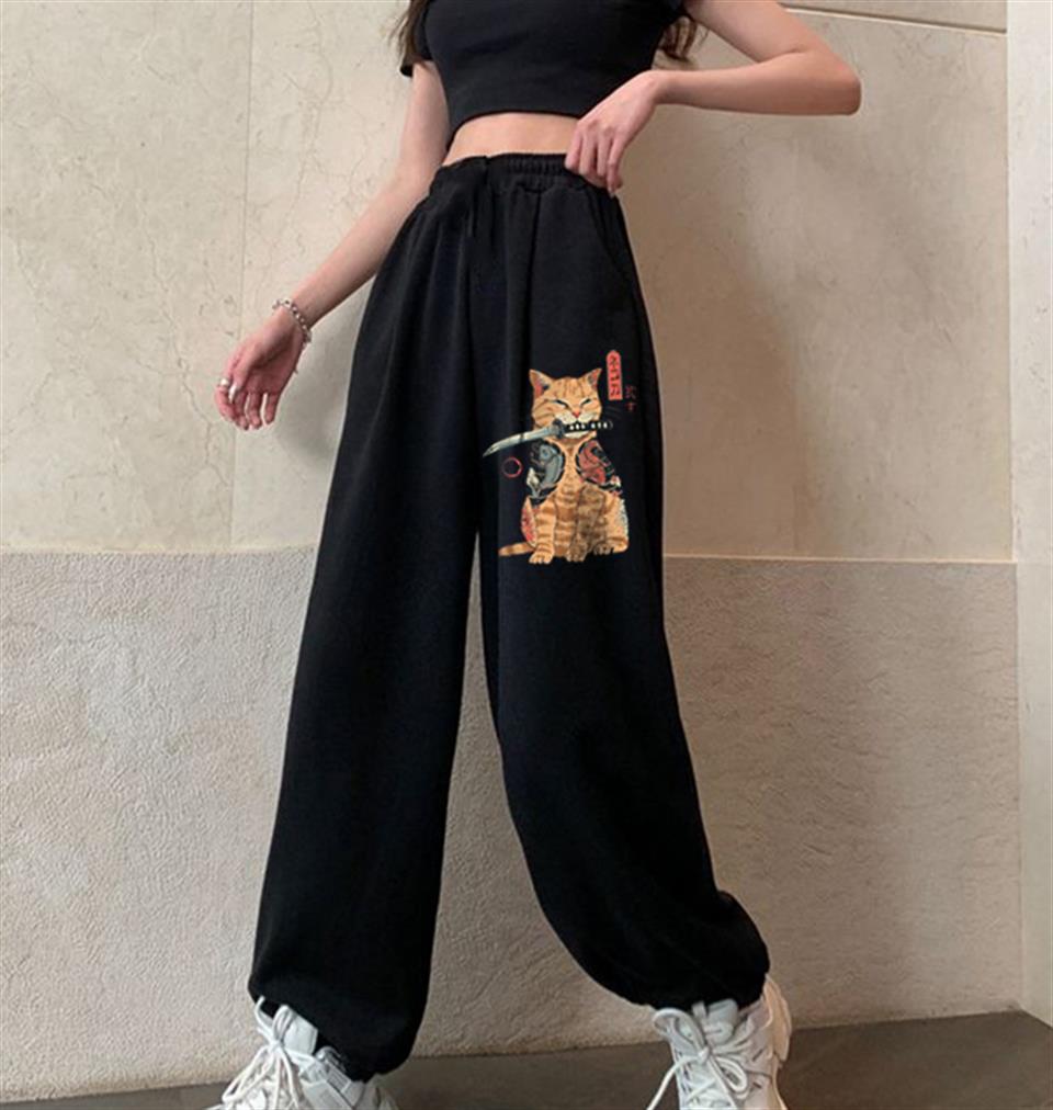 ESC BUTİK Killer Cat Baskılı Oversize Unisex Siyah Eşofman Altı