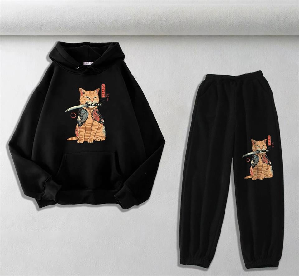 ESC BUTİK Killer Cat Baskılı Siyah Oversize Kapüşonlu Sweatshirt & Eşofman Altı Unisex İkili Takım