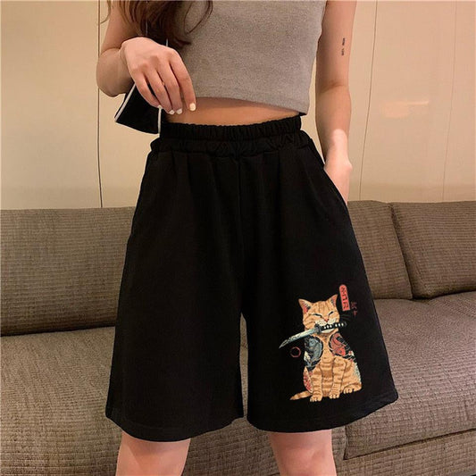 ESC BUTİK Killer Cat Baskılı Siyah Unisex Penye Şort