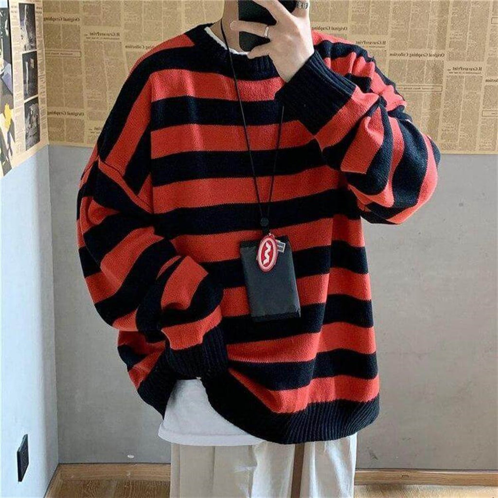 ESC BUTİK Kırmızı Siyah Çizgili Streetwear Oversize Kazak-Standart-Kırmızı-Siyah