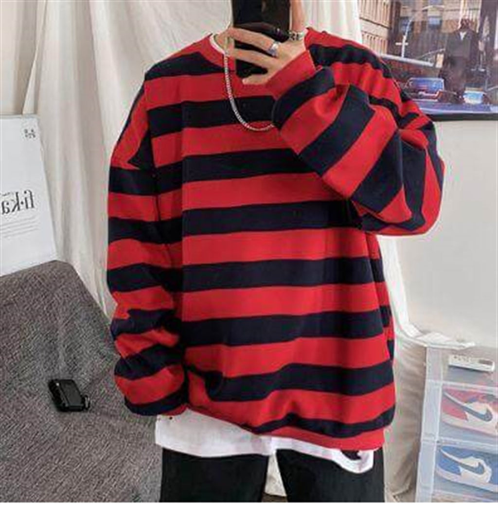 ESC BUTİK Kırmızı Siyah Çizgili Streetwear Oversize Kazak-Standart-Kırmızı-Siyah
