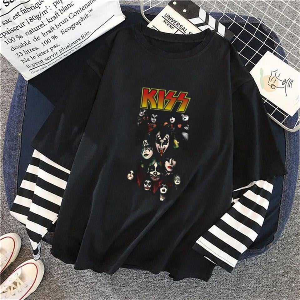 ESC BUTİK Kiss Rock Band Baskılı Fake Sleeves Unisex Siyah T-shirt