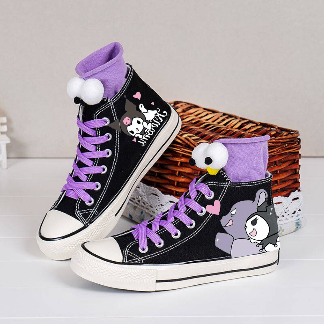 ESC BUTİK Kuromi&Bear Baskılı Lila Bağcık Siyah Unisex Kanvas Ayakkabı