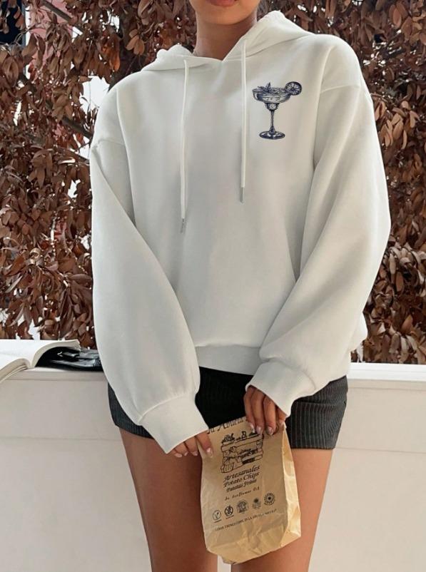 ESC BUTİK Margarita Baskılı Beyaz Kapşonlu Sweatshirt  Hoodie