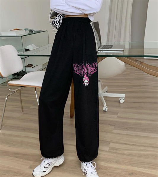 ESC BUTİK Melody Pink Baskılı Oversize Unisex Siyah Eşofman Altı