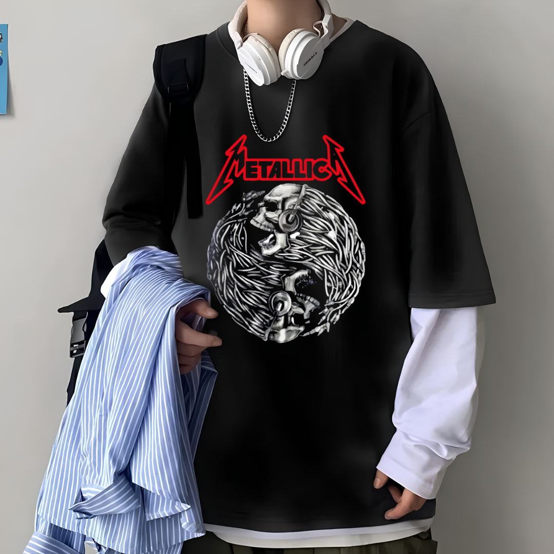 ESC BUTİK Metallica Unisex Oversize Fake Kollu Beyaz T-Shirt
