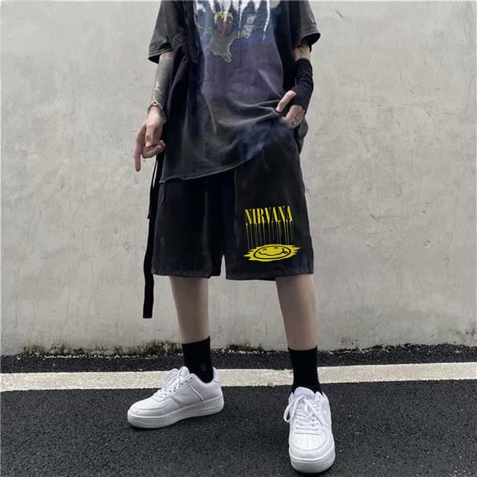 ESC BUTİK Nirvana Baskılı Siyah Unisex Penye Şort