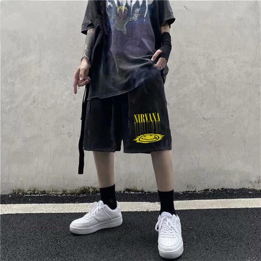 ESC BUTİK Nirvana Baskılı Siyah Unisex Penye Şort