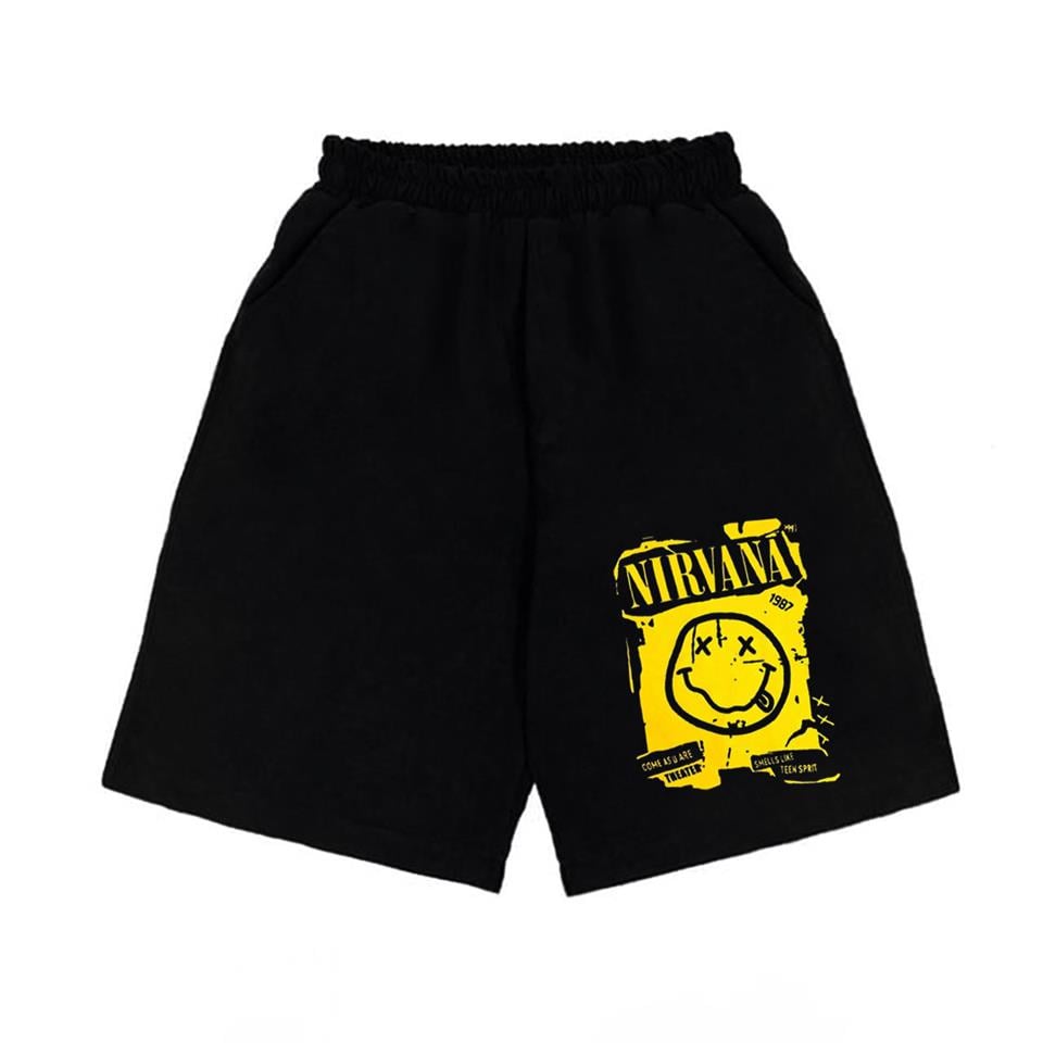 ESC BUTİK Nirvana Smile Baskılı Siyah Unisex Penye Şort
