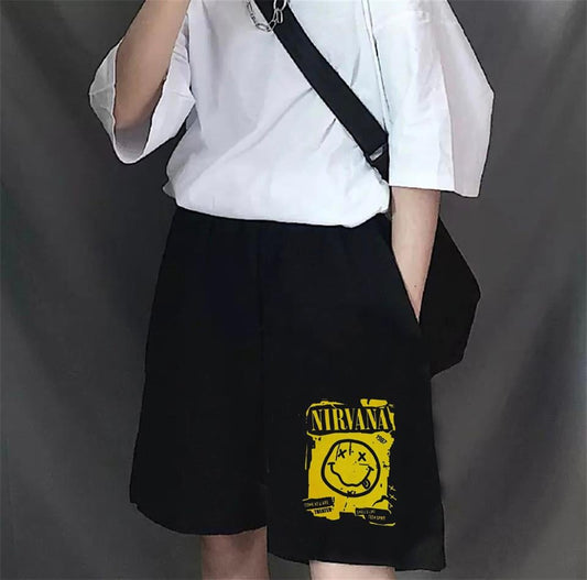 ESC BUTİK Nirvana Smile Baskılı Siyah Unisex Penye Şort