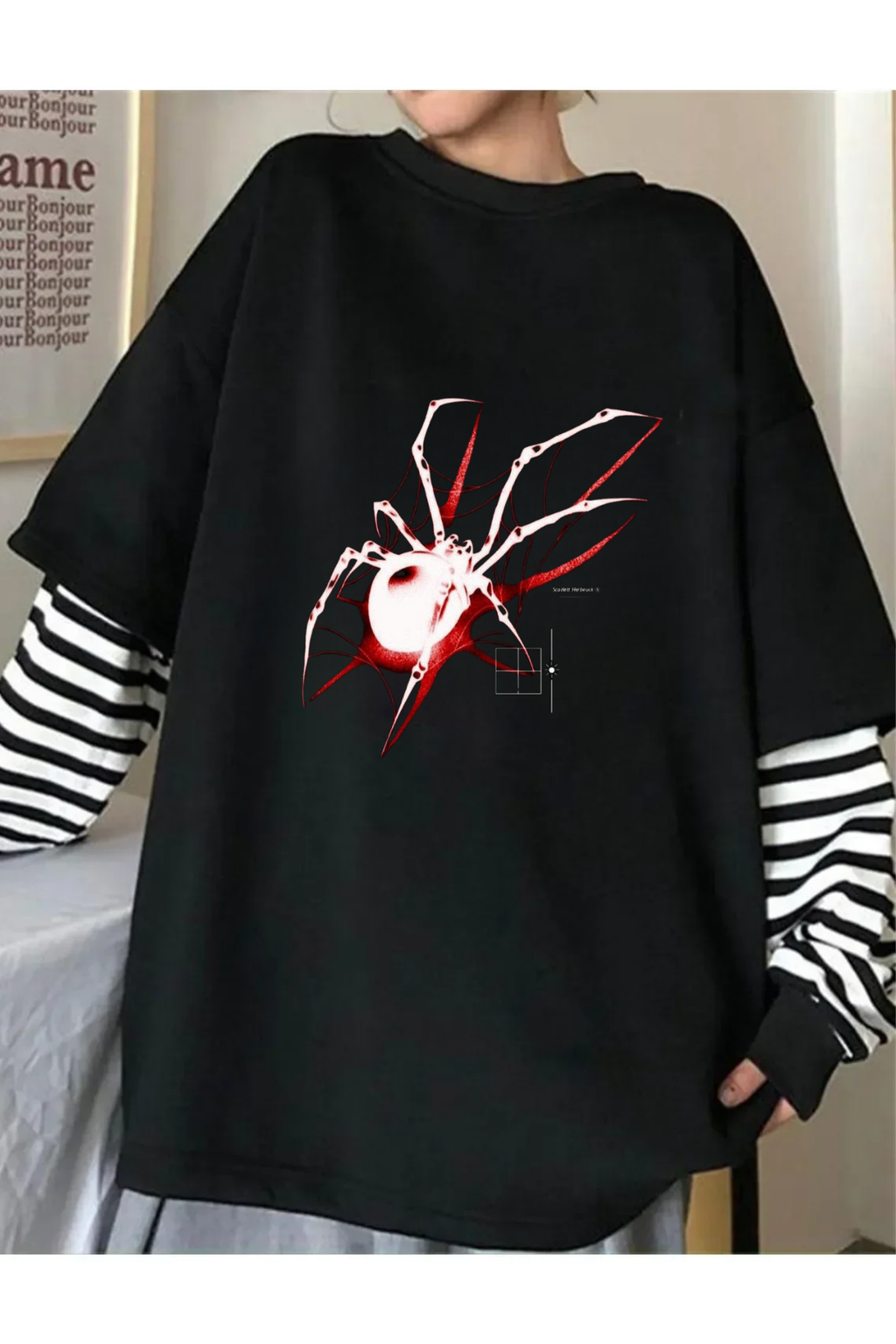 ESC BUTİK Örümcek Baskılı Unisex Fake Uzun Kollu Siyah T-Shirt
