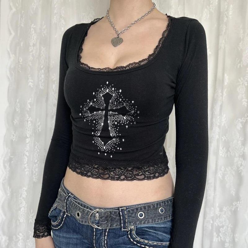 ESC BUTİK Pointed Cross Baskılı Dantel Lace Siyah Uzun Kol Bluz