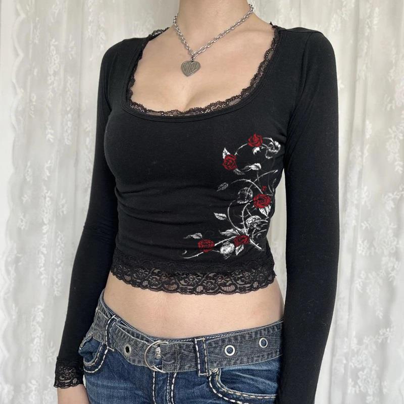 ESC BUTİK Roses & Skull Baskılı Dantel Lace Siyah Uzun Kol Bluz