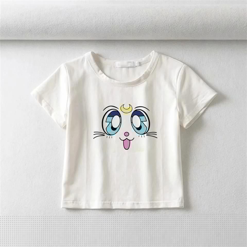 ESC BUTİK Sailor Moon Cat Face Baskılı Beyaz Crop