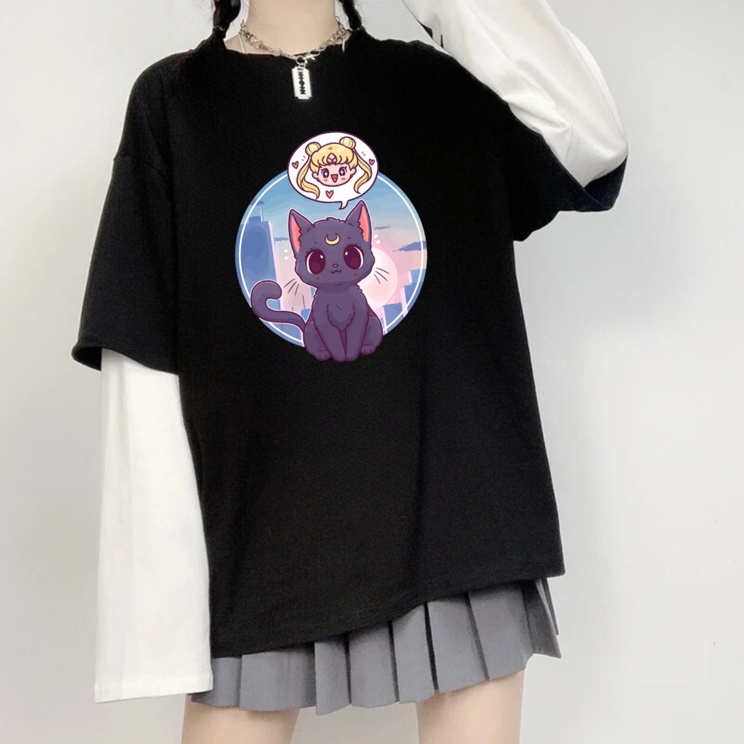 ESC BUTİK Sailor Moon Unisex Oversize Fake Kollu Beyaz T-Shirt
