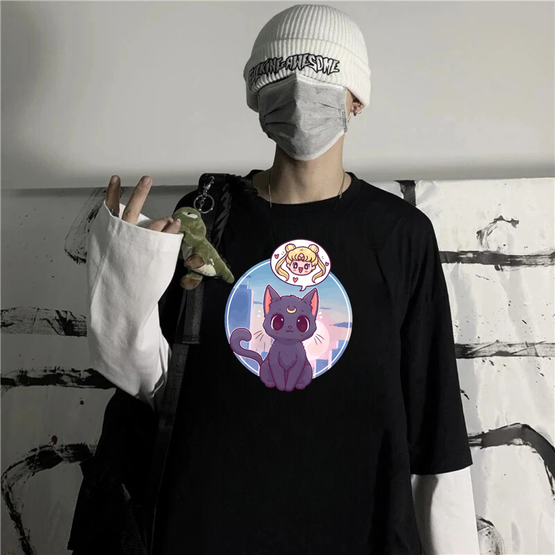 ESC BUTİK Sailor Moon Unisex Oversize Fake Kollu Beyaz T-Shirt