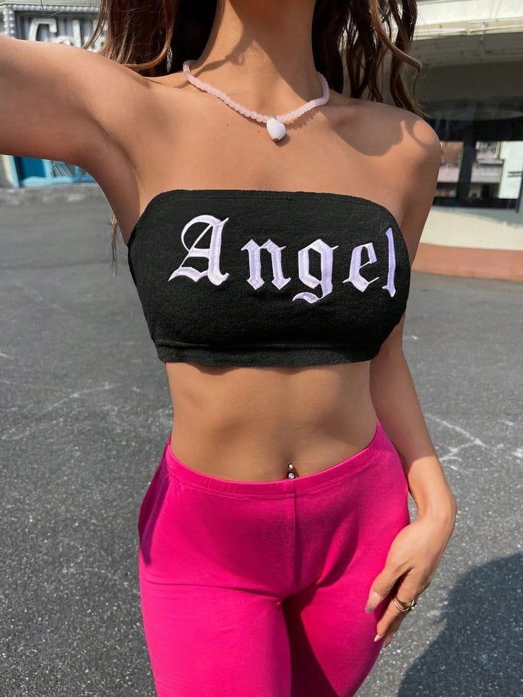 ESC BUTİK Siyah Angel Baskılı Likralı Pamuklu Penye Straplez