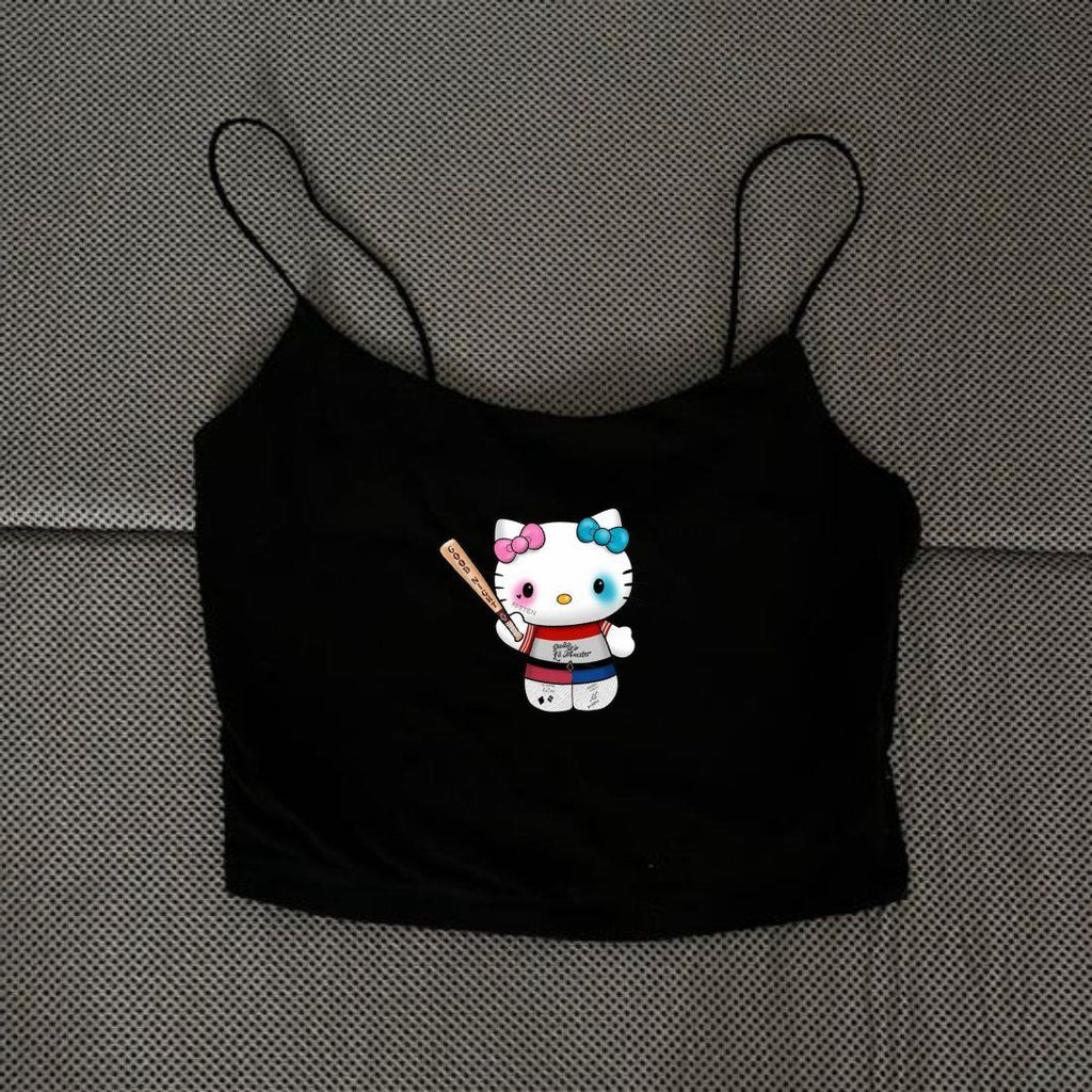 ESC BUTİK Siyah Baskılı Kadın Ip Askılı Büstiyer Crop