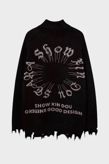 ESC BUTİK Siyah Gothic Show Xin Dou Yırtık Oversize Triko Kazak
