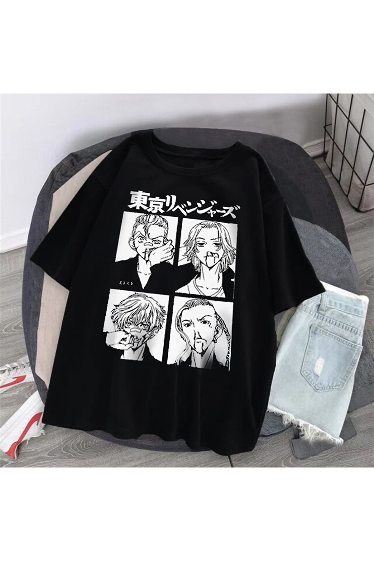 ESC BUTİK Siyah Renk Tokyo Revengers Büyük Baskılı Unisex Geniş Kesim Anime T-shirt