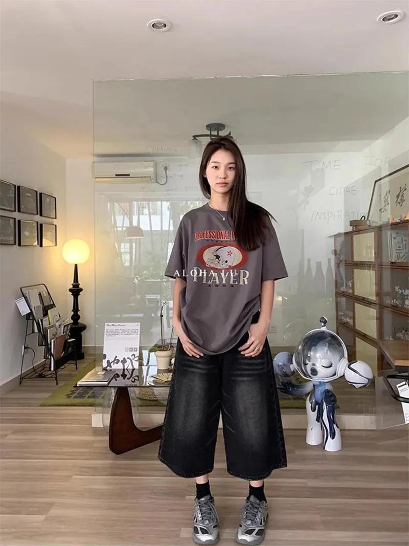 ESC BUTİK Siyah Yıkamalı Kumaş Y2K Unisex Baggy Oversize Kalıp Kot Pantolon Şort