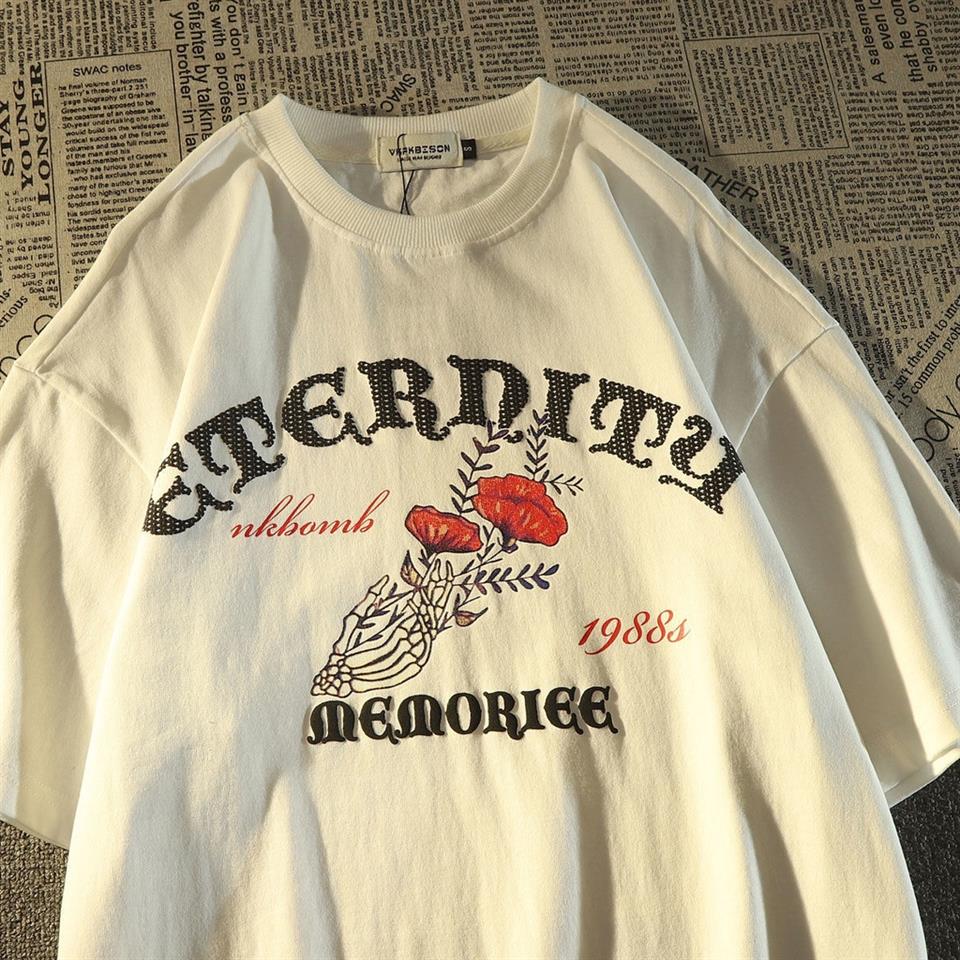 ESC BUTİK Skulls In Love & Roses Sırt Baskılı Beyaz Unisex Oversize T-shirt