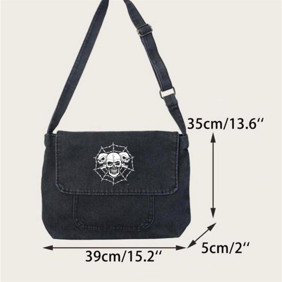 ESC BUTİK Skulls & Web Baskılı Vintage Unisex Gri Kot Postacı Çantası