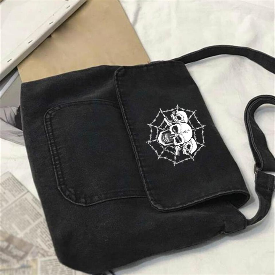 ESC BUTİK Skulls & Web Baskılı Vintage Unisex Gri Kot Postacı Çantası