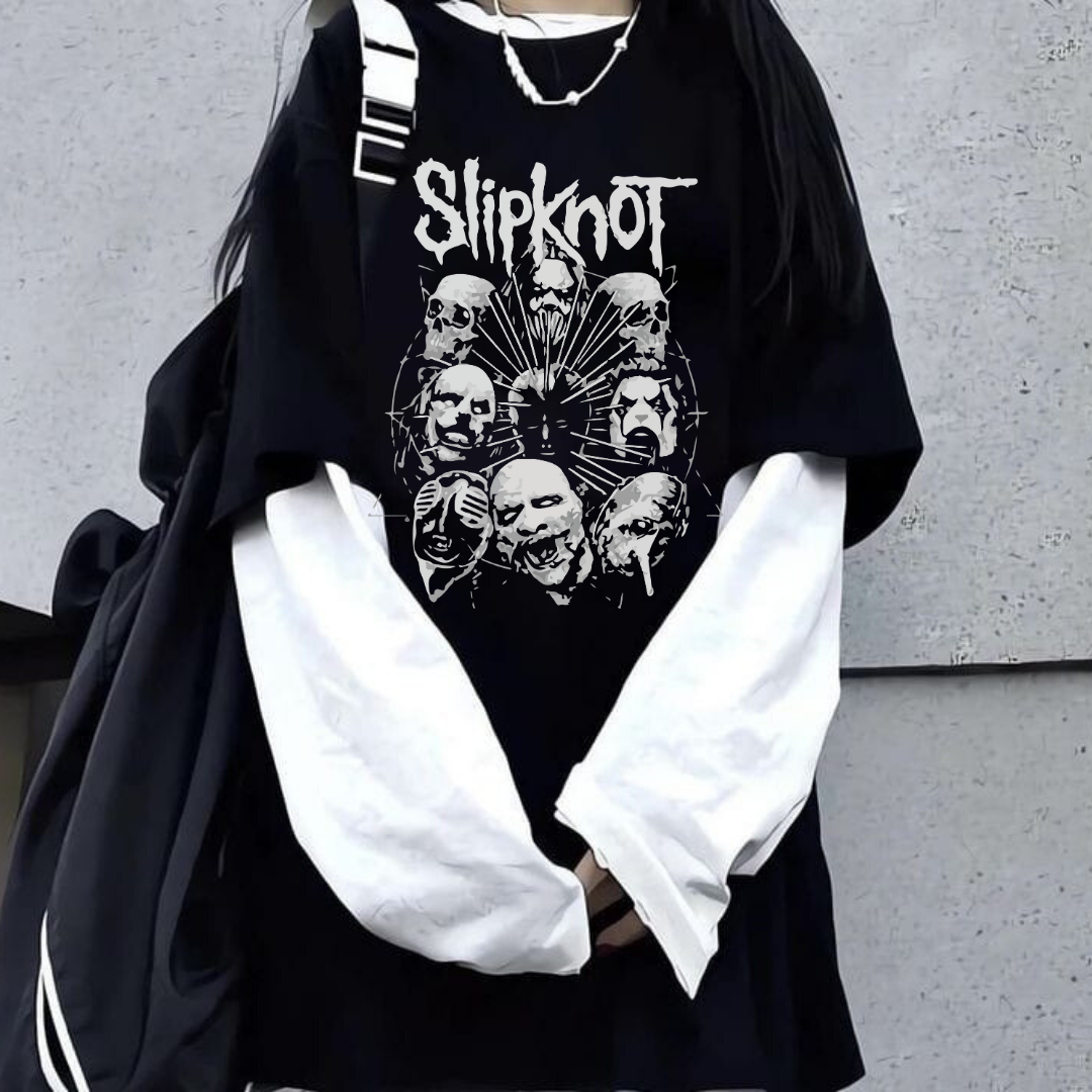ESC BUTİK Slipknot Unisex Oversize Fake Kollu Beyaz T-Shirt