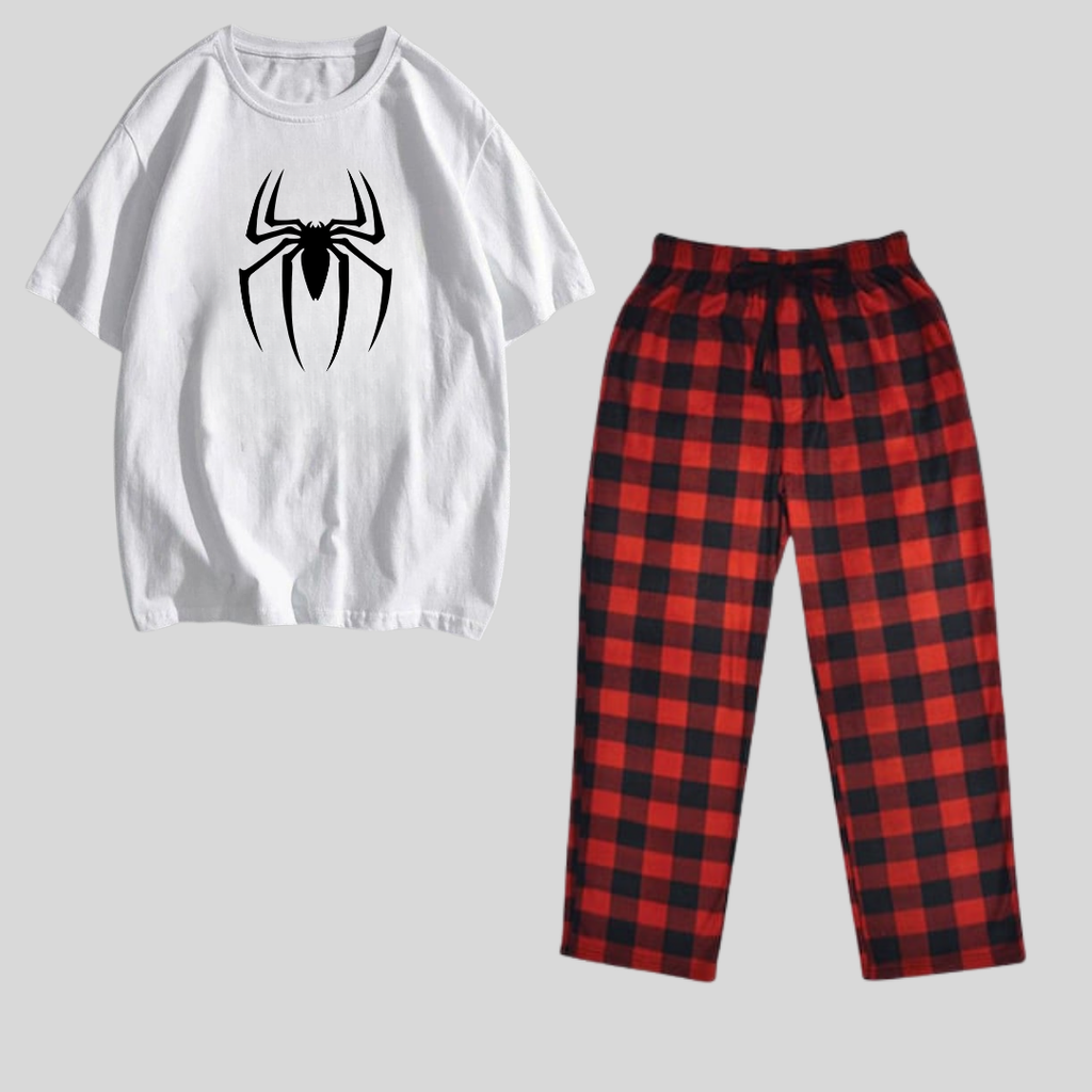 ESC BUTİK Spider Baskılı Siyah Unisex Oversize Kısa Kol  Alt Üst 2 L.i Takım