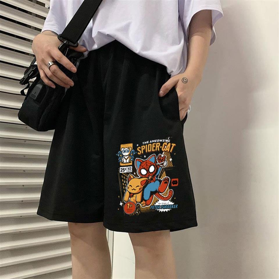 ESC BUTİK Spider-Cat Baskılı Siyah Unisex Penye Şort