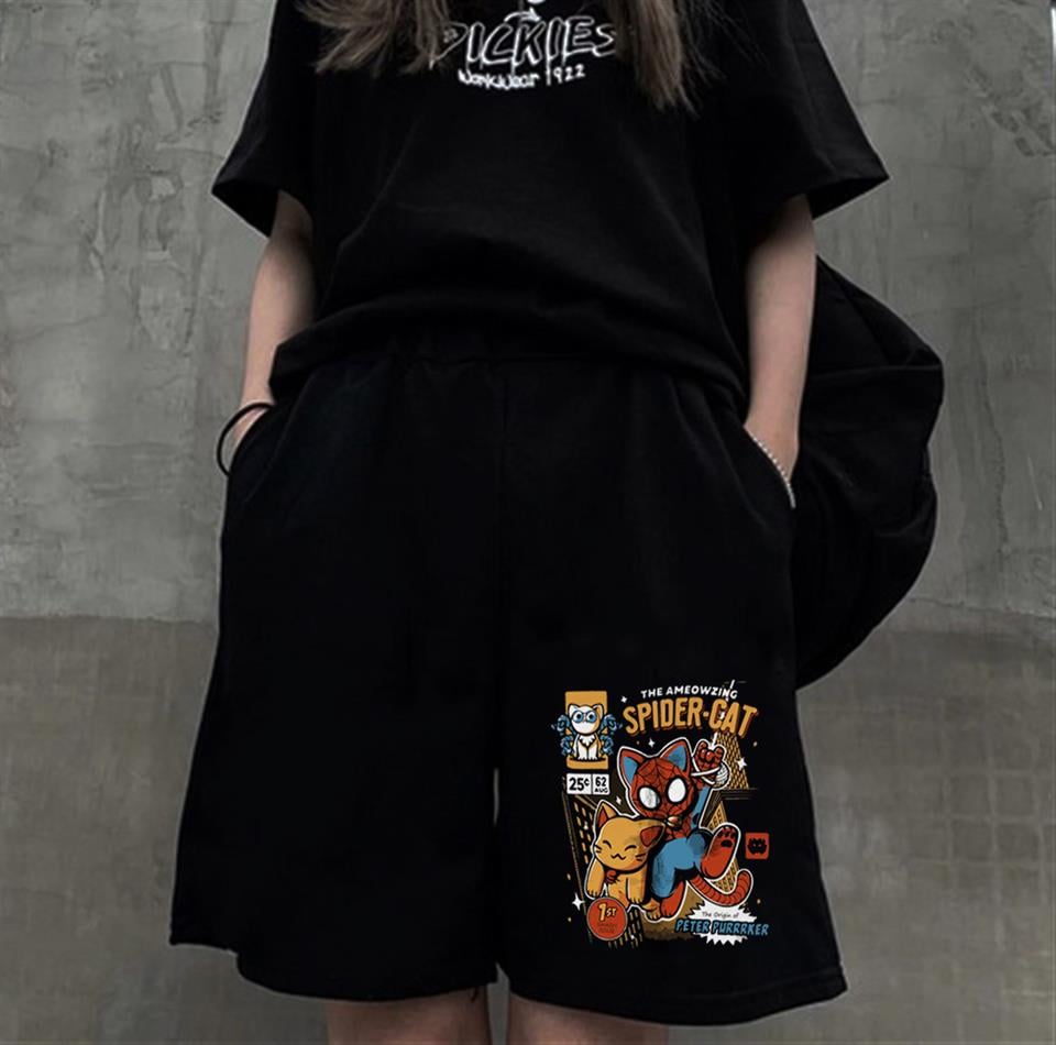ESC BUTİK Spider-Cat Baskılı Siyah Unisex Penye Şort