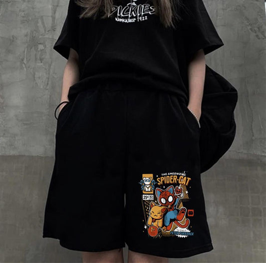 ESC BUTİK Spider-Cat Baskılı Siyah Unisex Penye Şort