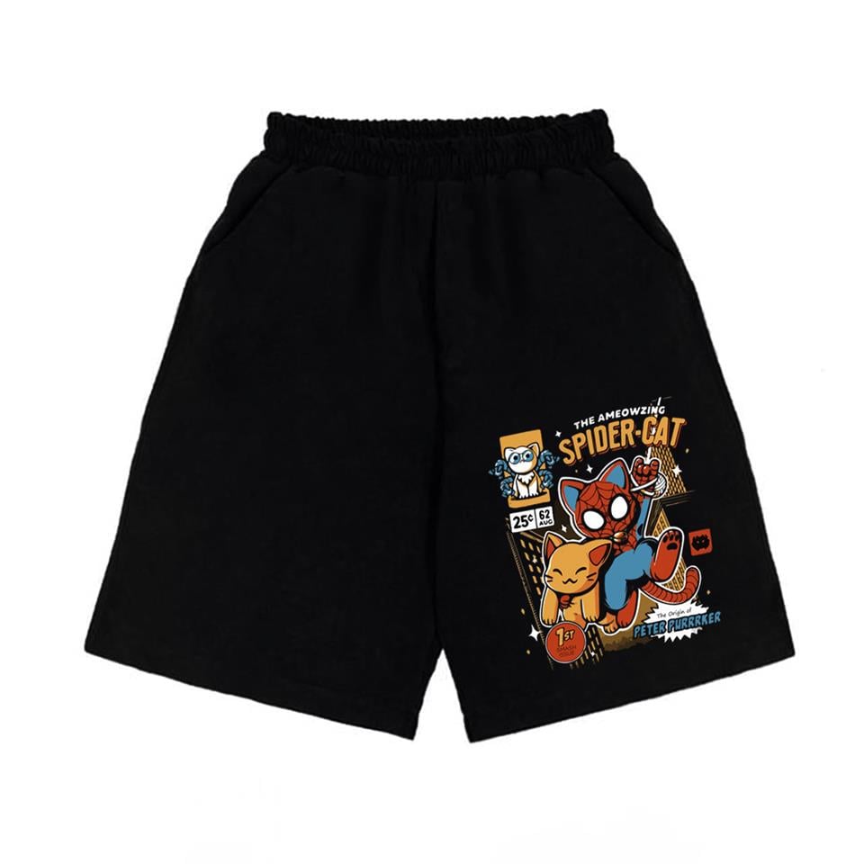 ESC BUTİK Spider-Cat Baskılı Siyah Unisex Penye Şort