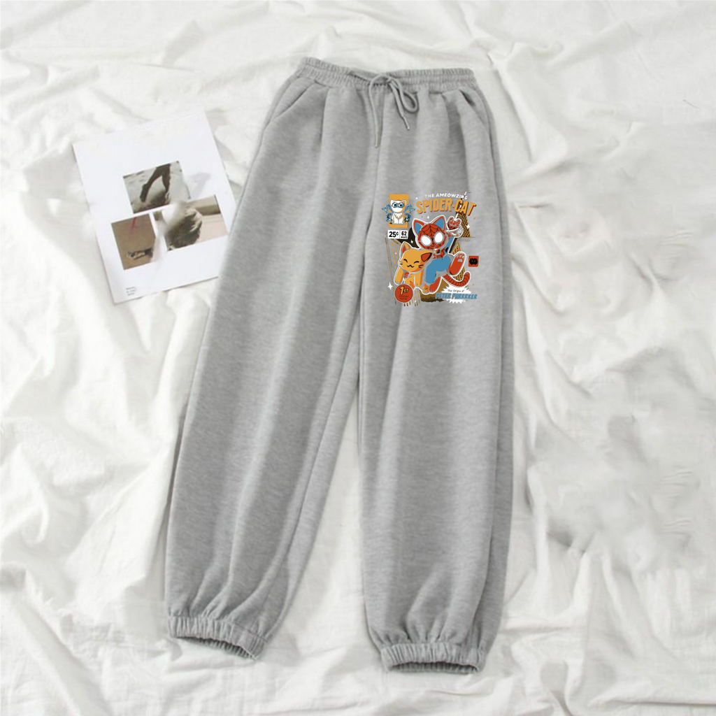 ESC BUTİK Spider Cat Baskılı Unisex Gri Eşofman Altı