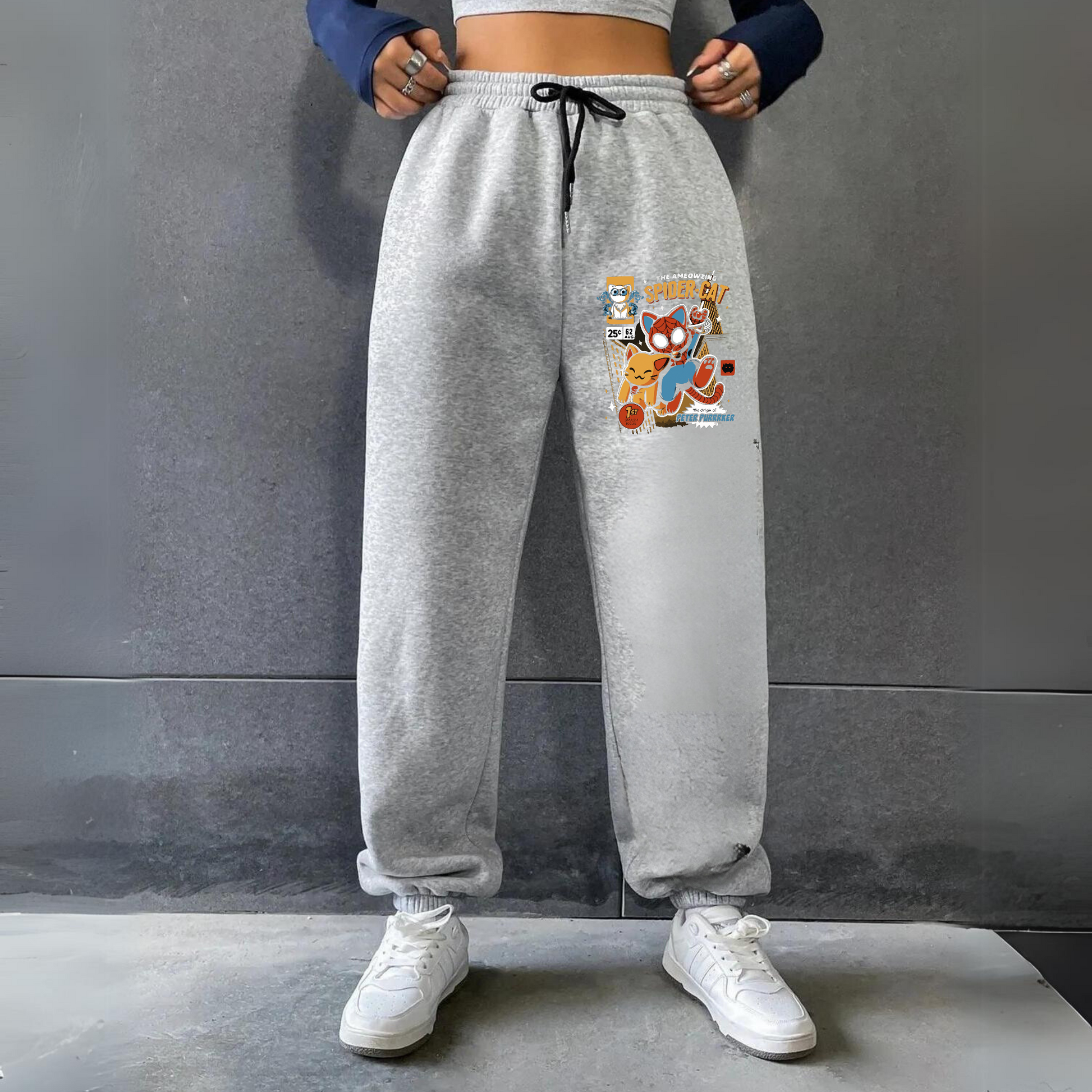 ESC BUTİK Spider Cat Baskılı Unisex Gri Eşofman Altı