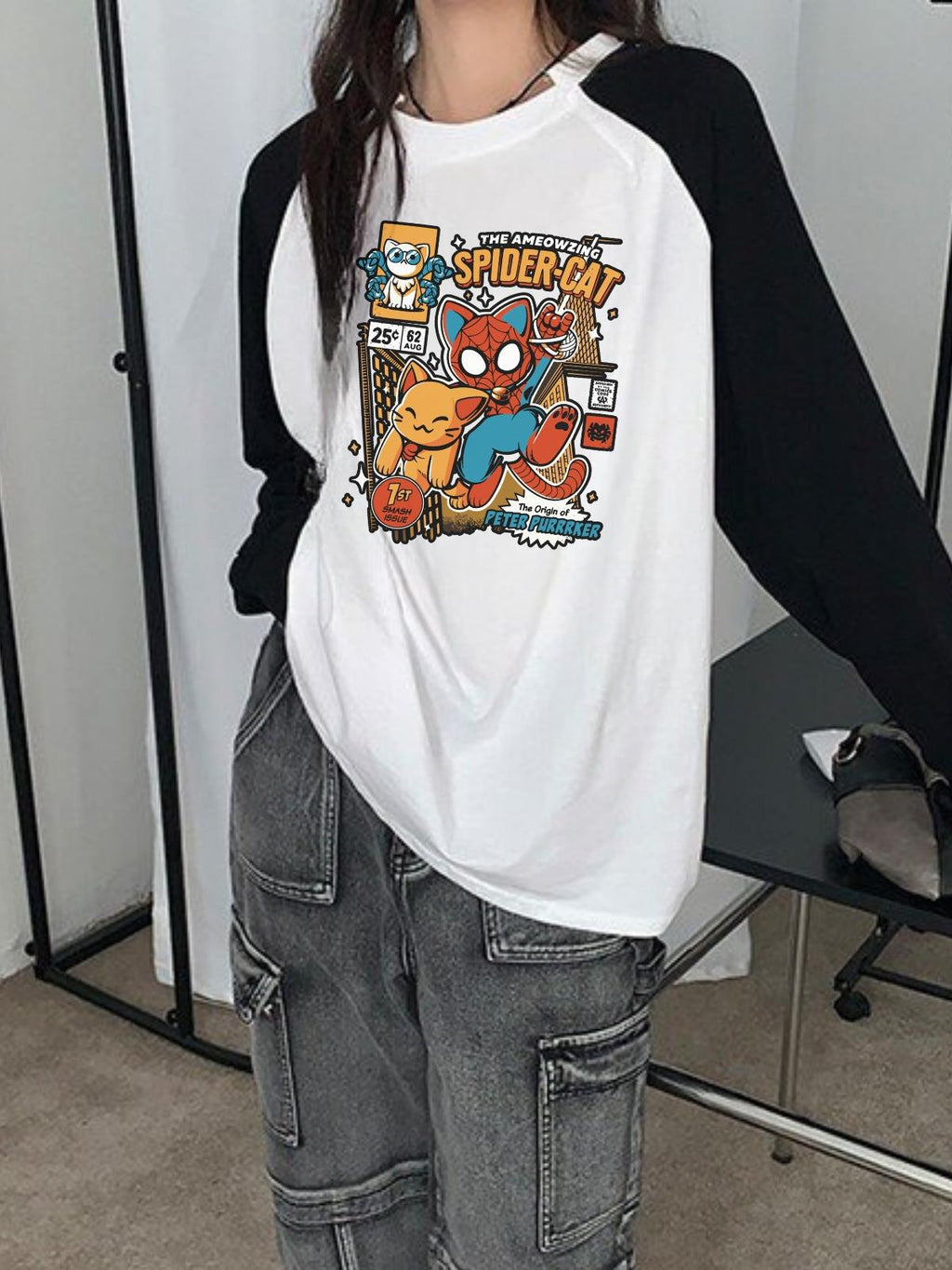 ESC BUTİK Spider Cat Reglan Uzun Kollu  Baskılı Beyaz T-Shirt